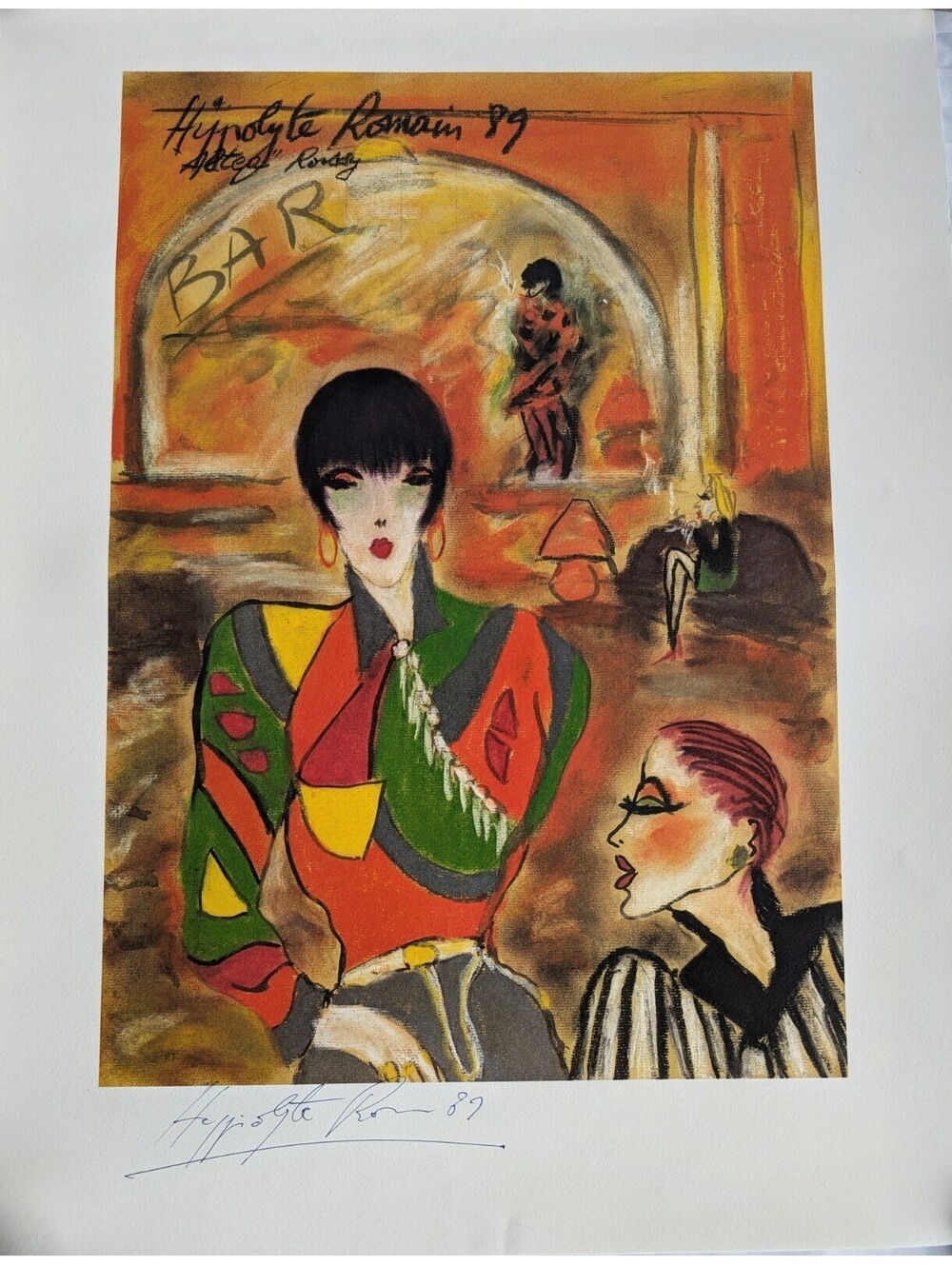 Hippolyte Romain 1989 Signed Lithograph Paris Cafe Bistro Fashion Art Print